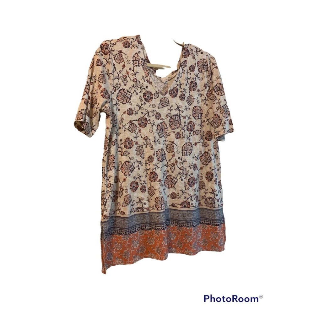 J JILL Women’s Cream Floral Print V Neck Pima Cotton Short Sleeve Top Medium